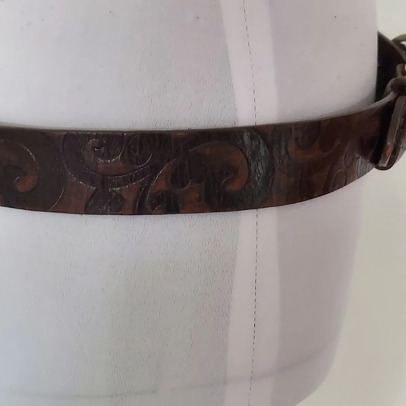 Brighton Dark Brown Handtooled Leather Belt with Silver Heart Oval Buckle - Picture 8 of 15